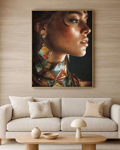 Geometric female portrait artwork with side profile composition, warm light, dark backdrop, and ornate accessories.