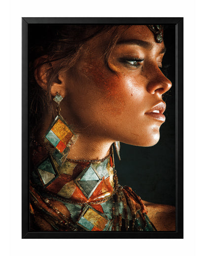 Warm woman profile portrait wall art with geometric earrings, terracotta tones, teal accents, and dark background.