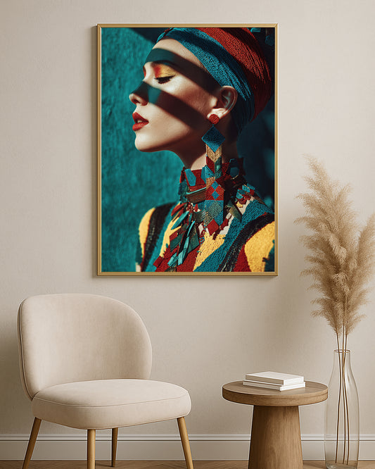 Bold editorial portrait print showing a woman in profile with colorful headwrap, dramatic shadows, and gold accents.