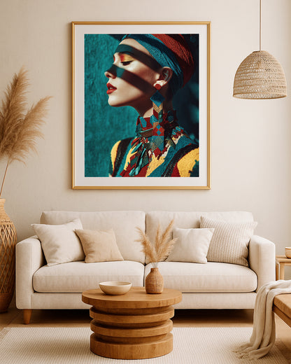 Teal terracotta female portrait artwork with side profile composition, statement earrings, and rich textured color.
