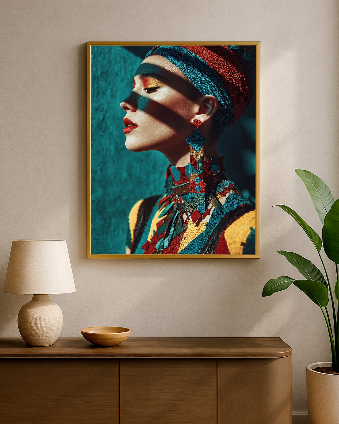 Dramatic woman profile wall art featuring red, teal, and gold styling with strong sunlight and shadow.