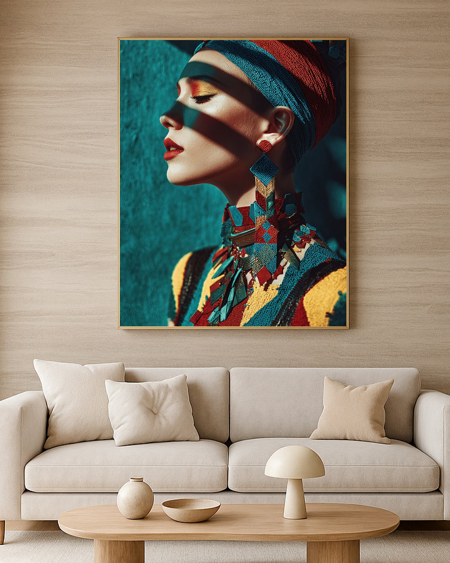 African-inspired profile portrait with striped headwrap, ornate accessories, bold makeup, and dark teal background.