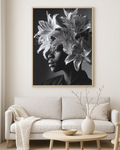 Monochrome portrait artwork of a woman in profile with a dramatic lily flower crown and soft shadowed background