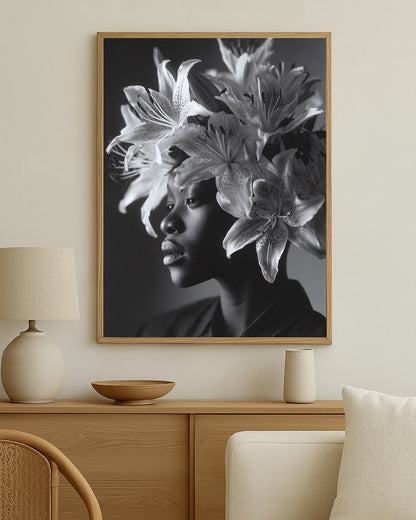 Botanical wall art print showing a graceful female profile surrounded by detailed lily blossoms in black and white
