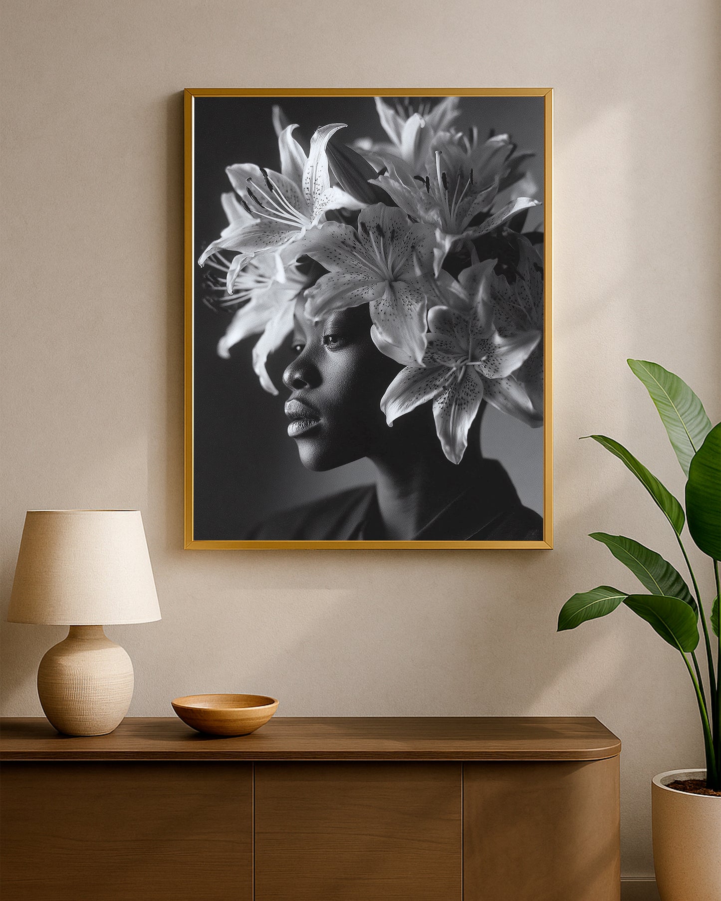 Elegant black and white portrait decor with a woman’s face framed by oversized lilies in a calm minimalist composition