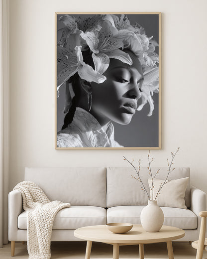 Monochrome portrait artwork of a woman with soft lighting, floral headpiece, and elegant side profile against a gray background
