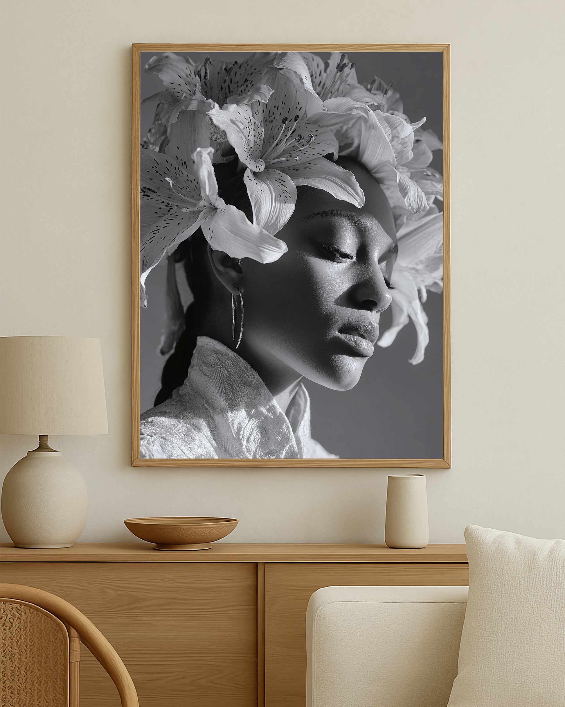 Botanical wall art print showing a close-up woman’s face framed by large lily blossoms in refined black and white tones