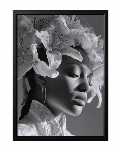 Black and white floral woman portrait wall art featuring a serene side profile with closed eyes and a crown of blooming lilies