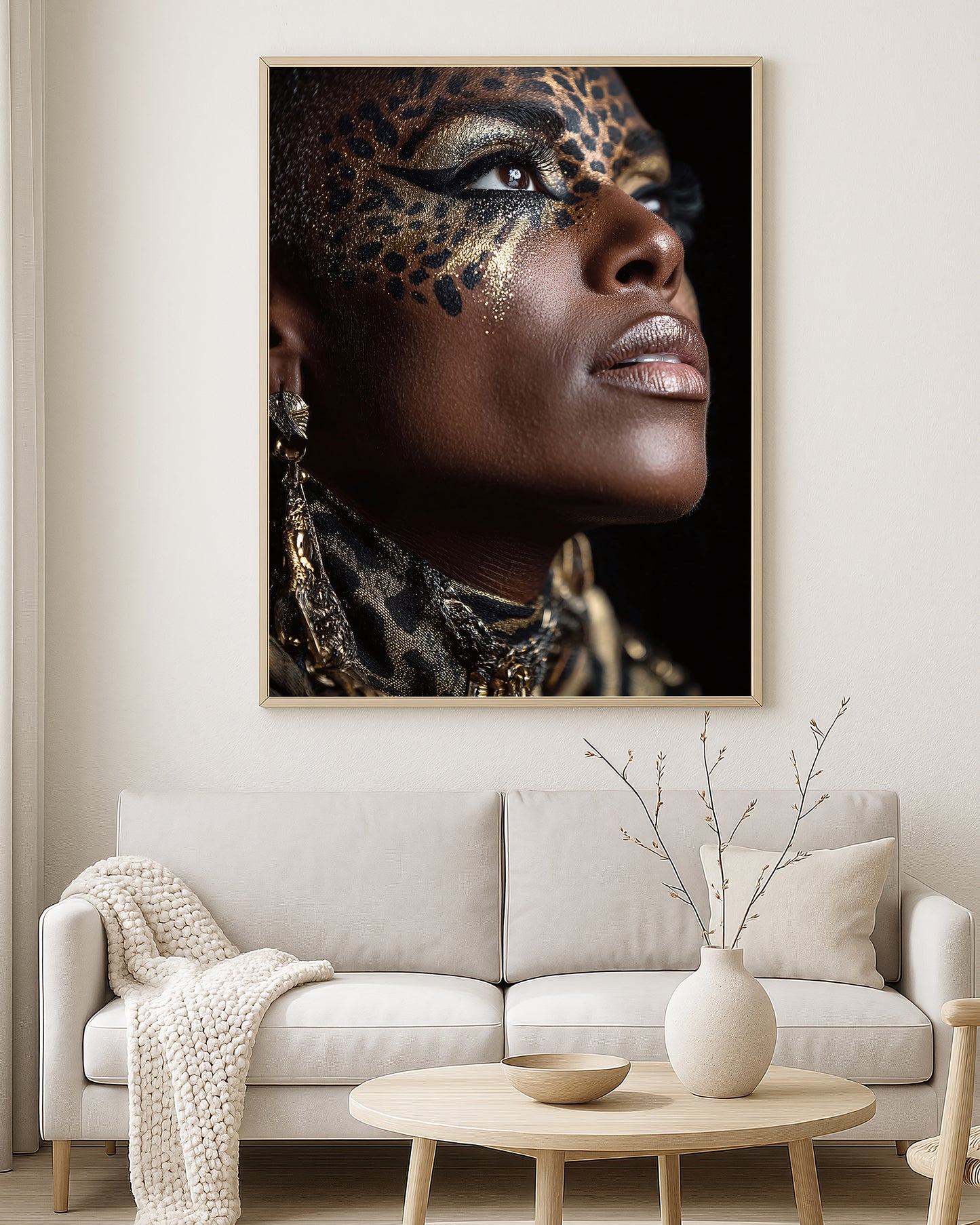 Fashion portrait artwork showing a dramatic female close-up with gold shimmer, animal print makeup, and glossy nude lips against a dark background