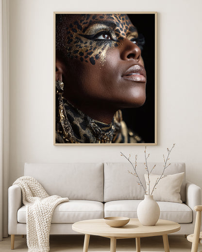 Fashion portrait artwork showing a dramatic female close-up with gold shimmer, animal print makeup, and glossy nude lips against a dark background