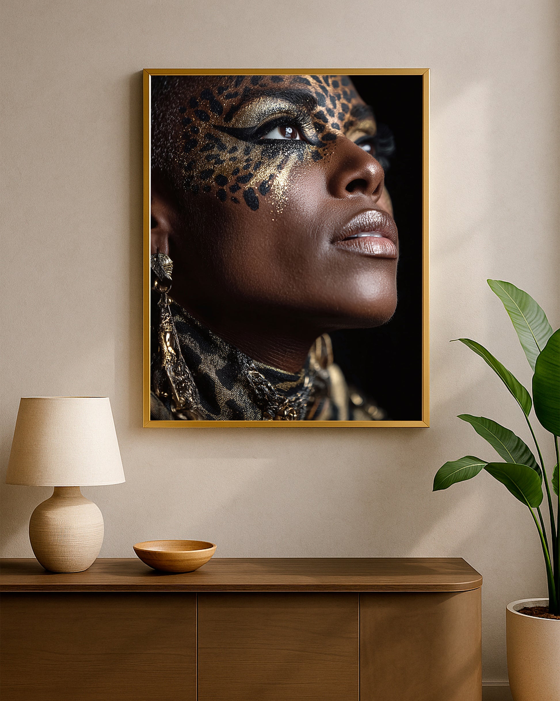 Contemporary glam portrait print featuring metallic eye makeup, spotted facial patterning, and rich dark skin tones in a close-up composition