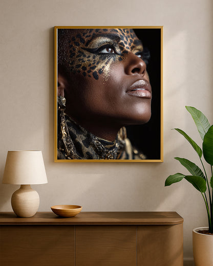 Contemporary glam portrait print featuring metallic eye makeup, spotted facial patterning, and rich dark skin tones in a close-up composition