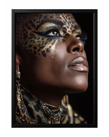 Black gold glamour portrait wall art featuring a close-up woman with leopard-inspired face pattern, metallic gold eye makeup, and bold black eyeliner
