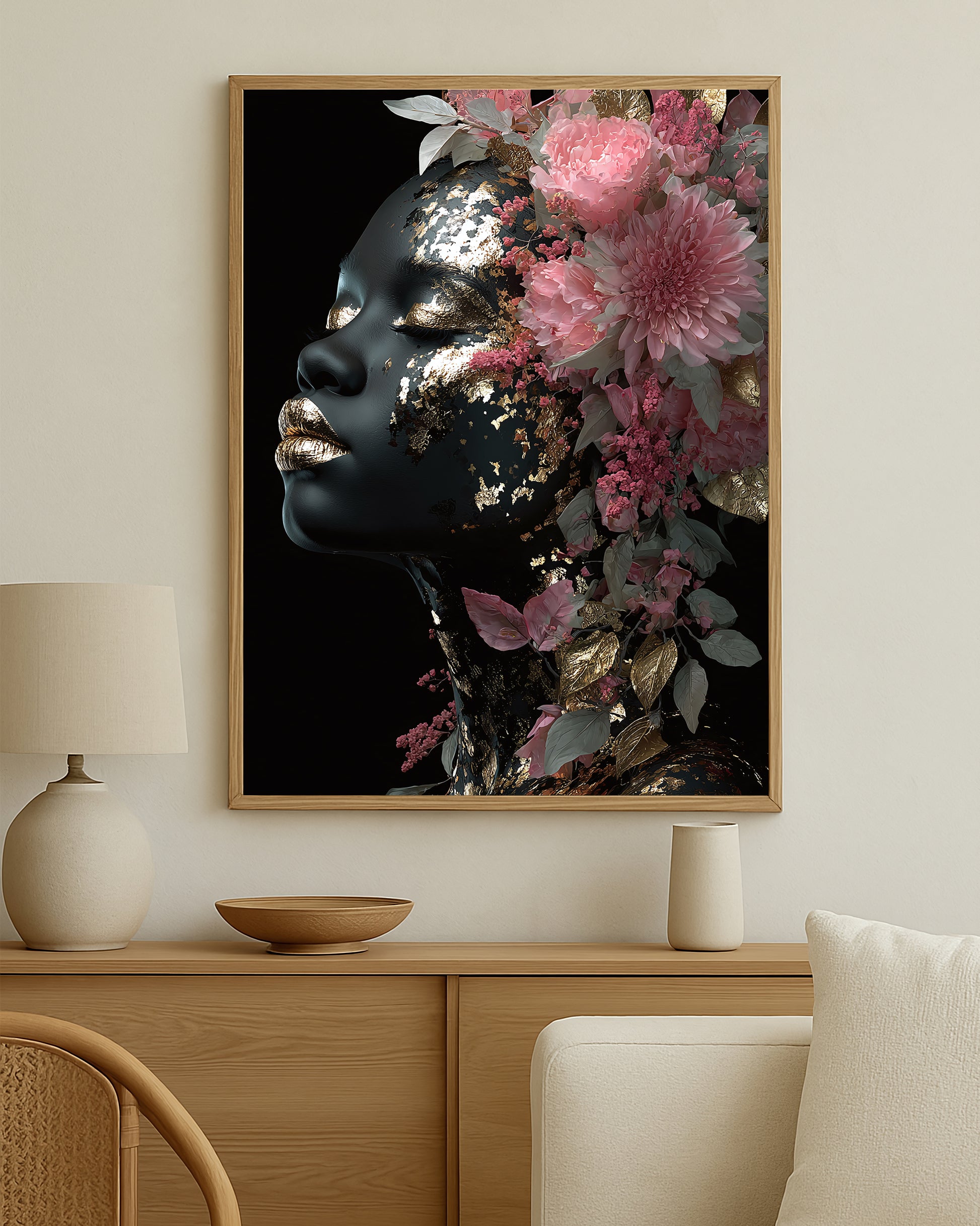 Luxury floral wall art with a woman in side view, gold metallic highlights, and cascading pink blossoms in a dramatic composition