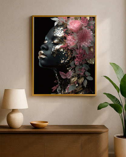 Contemporary portrait print featuring black skin tones, gold leaf texture, and an abundant floral arrangement of pink flowers and muted leaves