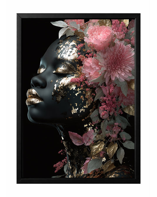 Black gold pink floral profile wall art featuring a side-profile woman with metallic gold leaf accents and soft pink flowers against a black background