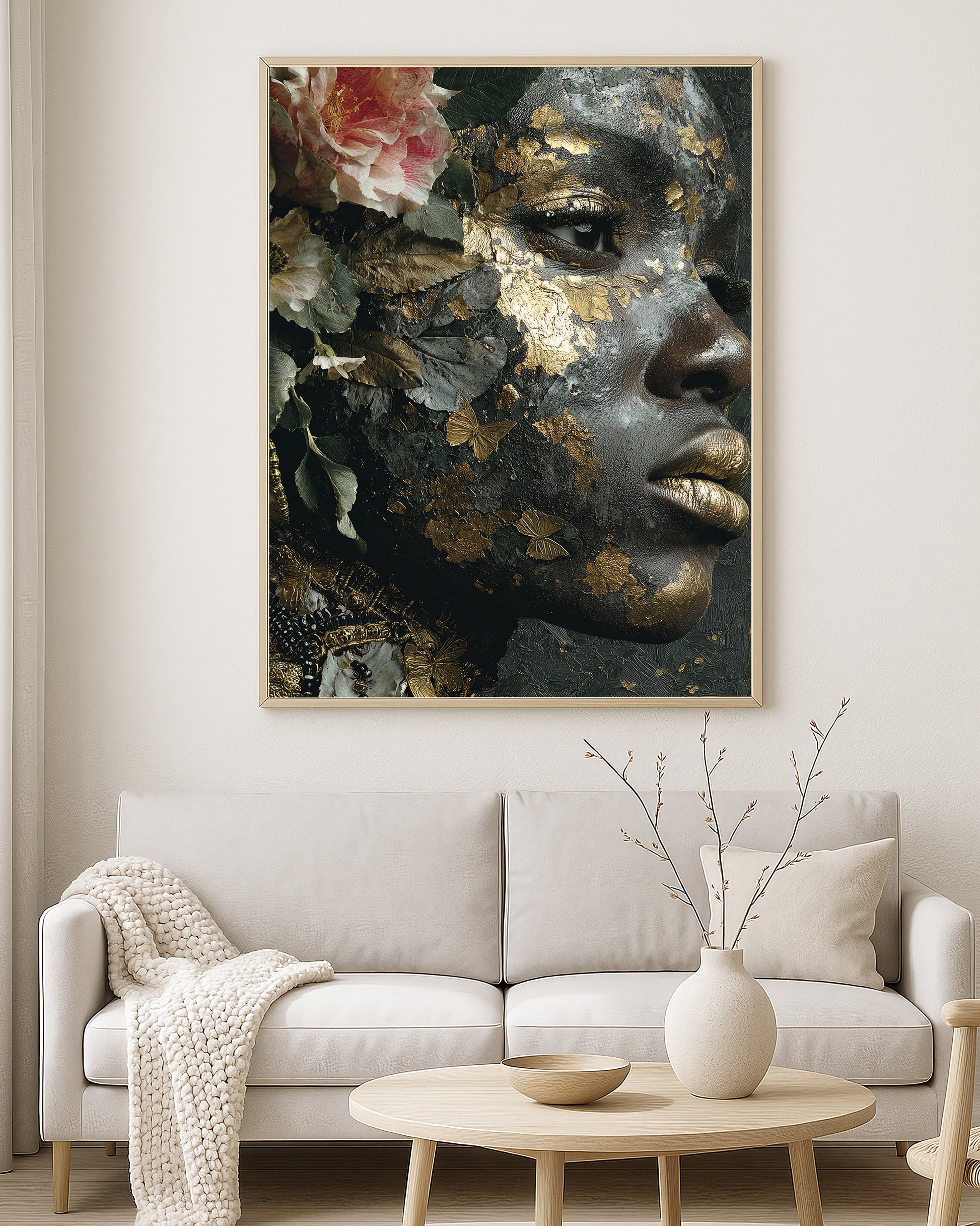 Luxury portrait artwork showing a dark-skinned woman with textured gold details, floral embellishments, and butterfly motifs in a moody close-up