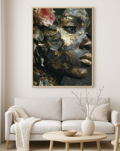 Luxury portrait artwork showing a dark-skinned woman with textured gold details, floral embellishments, and butterfly motifs in a moody close-up