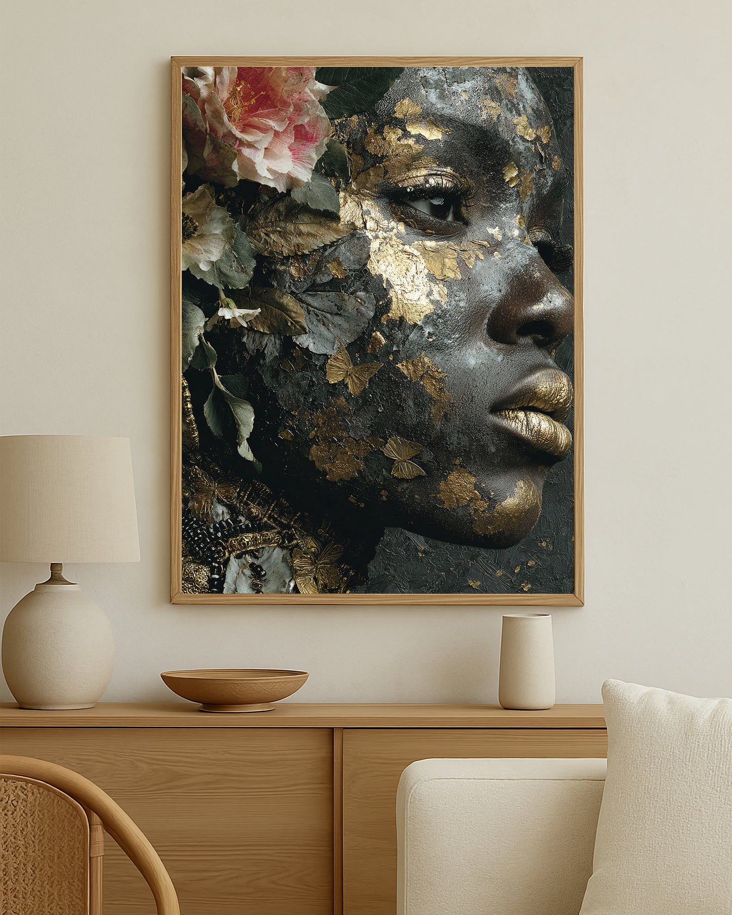 Dramatic floral face wall art with black and gold textures, metallic lips, pink and cream flowers, and layered botanical details