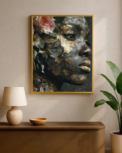 Contemporary portrait decor featuring a woman’s close-up face with gold accents, soft blossoms, and delicate butterfly elements