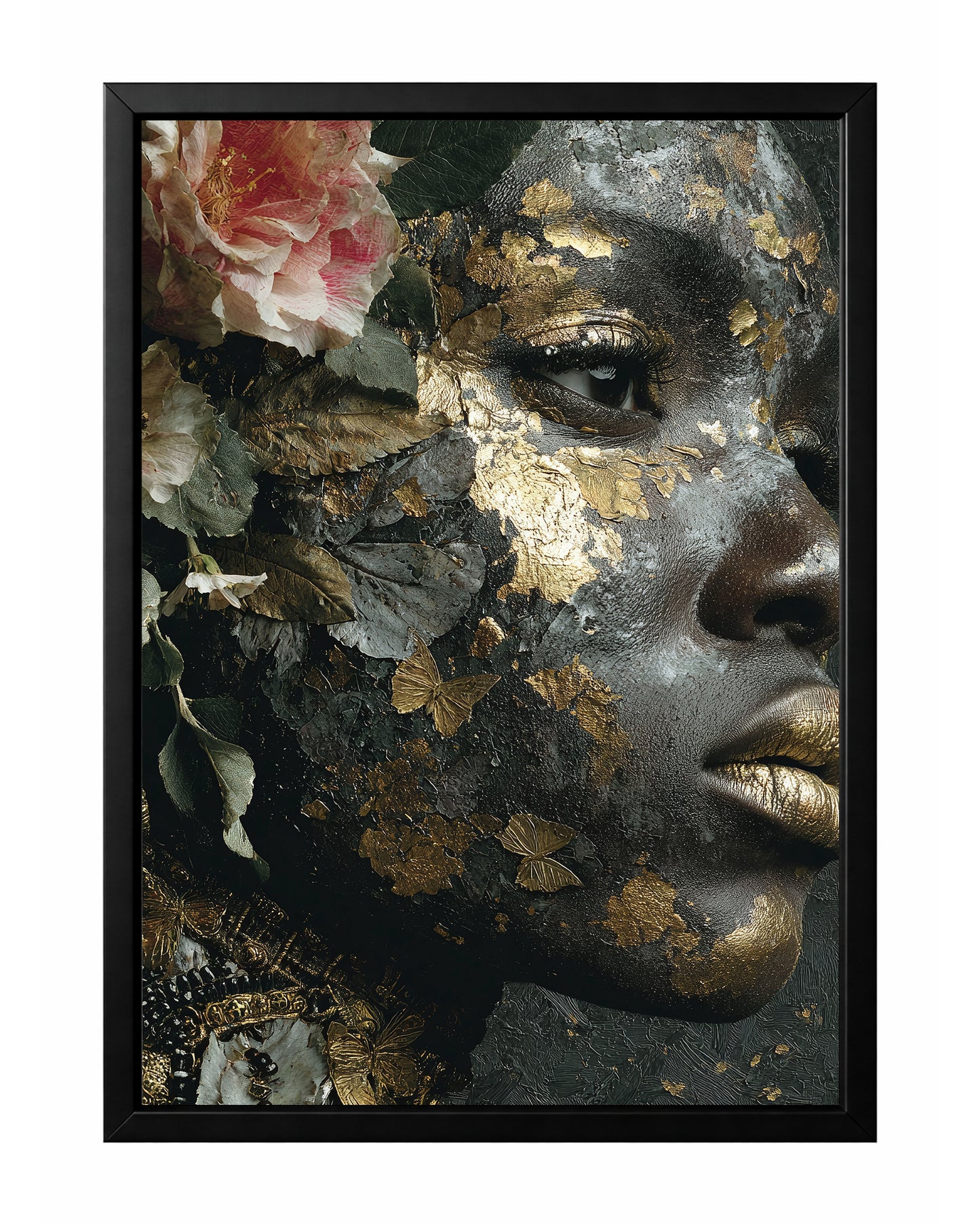 Black gold butterfly floral portrait wall art featuring a close-up woman with metallic lips, gold leaf accents, butterflies, and soft blush flowers