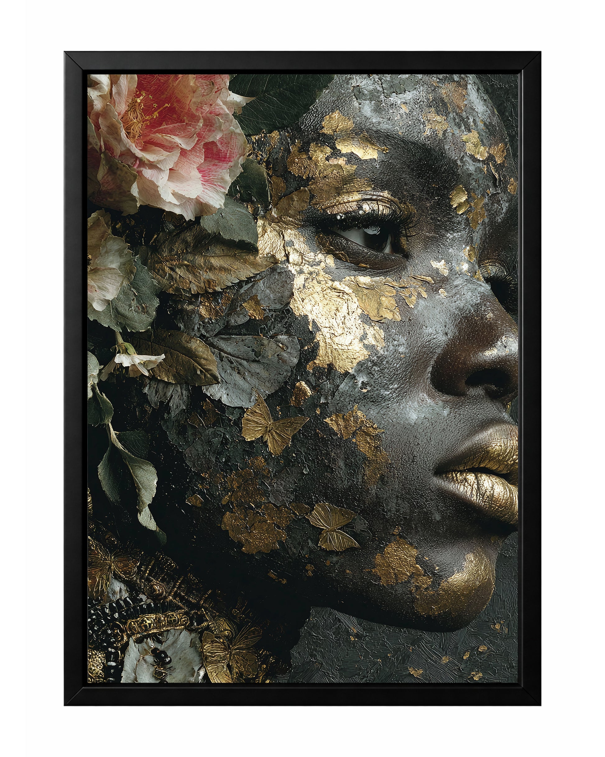 Black gold butterfly floral portrait wall art featuring a close-up woman with metallic lips, gold leaf accents, butterflies, and soft blush flowers
