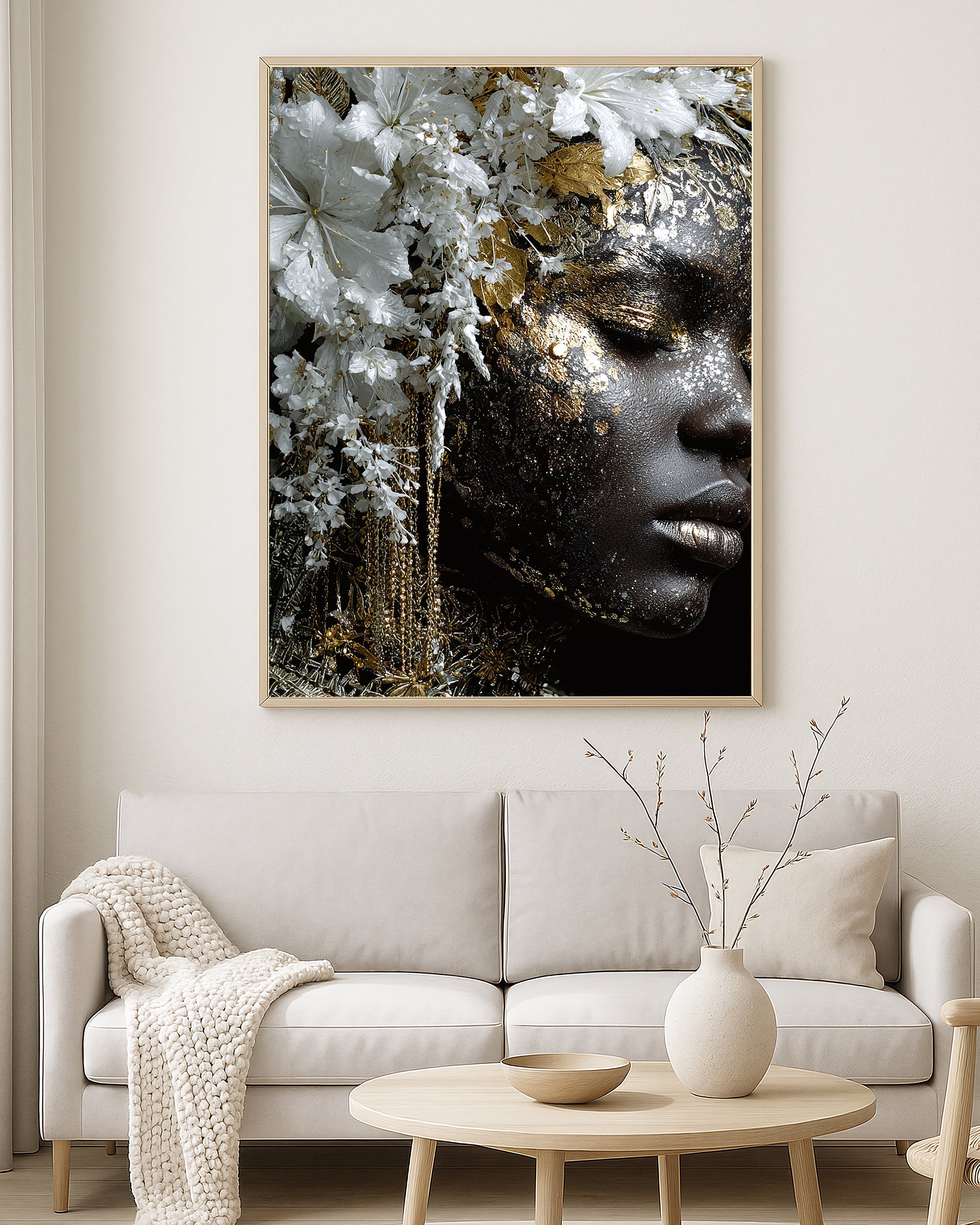 Botanical luxury portrait artwork showing a woman in profile adorned with cascading white flowers, metallic gold details, and elegant black skin tones