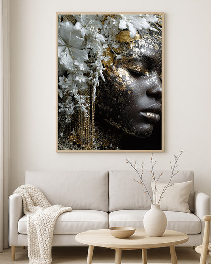 Botanical luxury portrait artwork showing a woman in profile adorned with cascading white flowers, metallic gold details, and elegant black skin tones