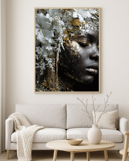 Botanical luxury portrait artwork showing a woman in profile adorned with cascading white flowers, metallic gold details, and elegant black skin tones