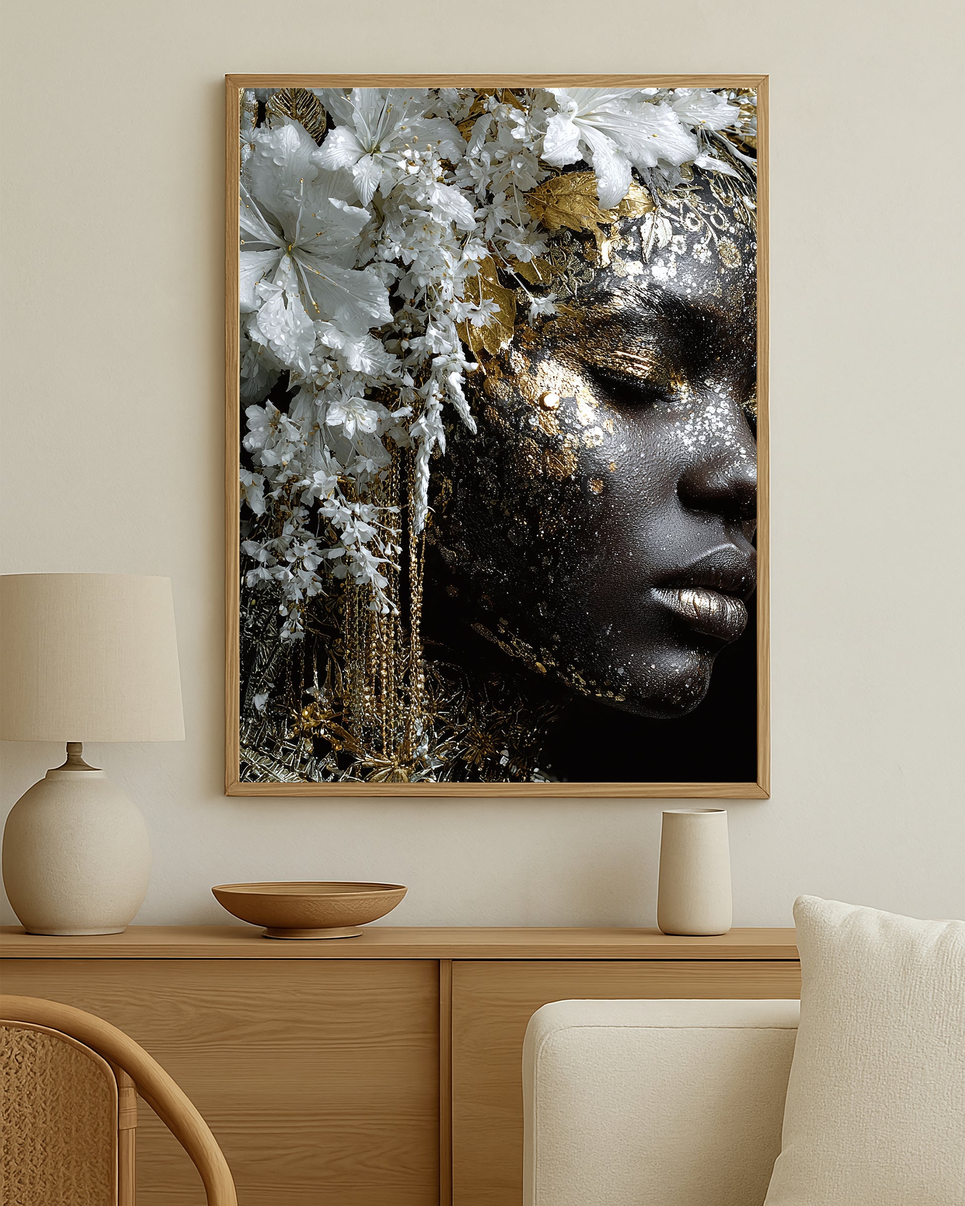 Contemporary floral wall art with a serene side-profile female portrait, white petals, gold highlights, and rich black contrast