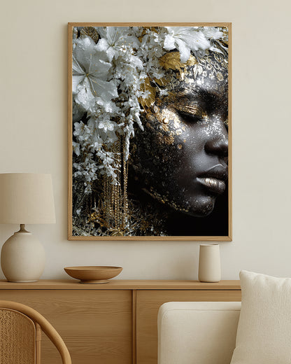 Contemporary floral wall art with a serene side-profile female portrait, white petals, gold highlights, and rich black contrast