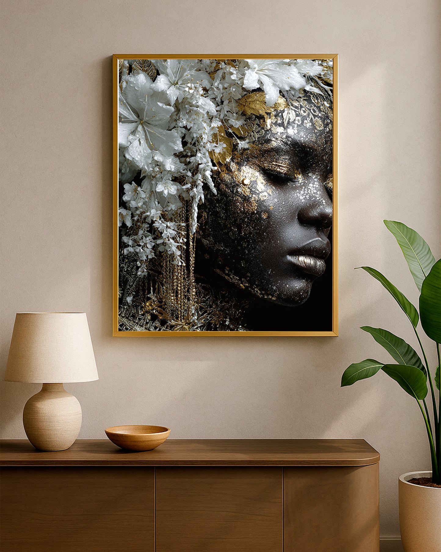 Elegant portrait print featuring white floral arrangements, metallic gold face accents, and a dramatic black background composition