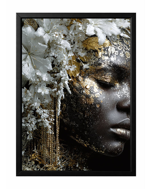 Black gold white floral portrait wall art featuring a side-profile woman with white blossoms, gold accents, and a dark dramatic background