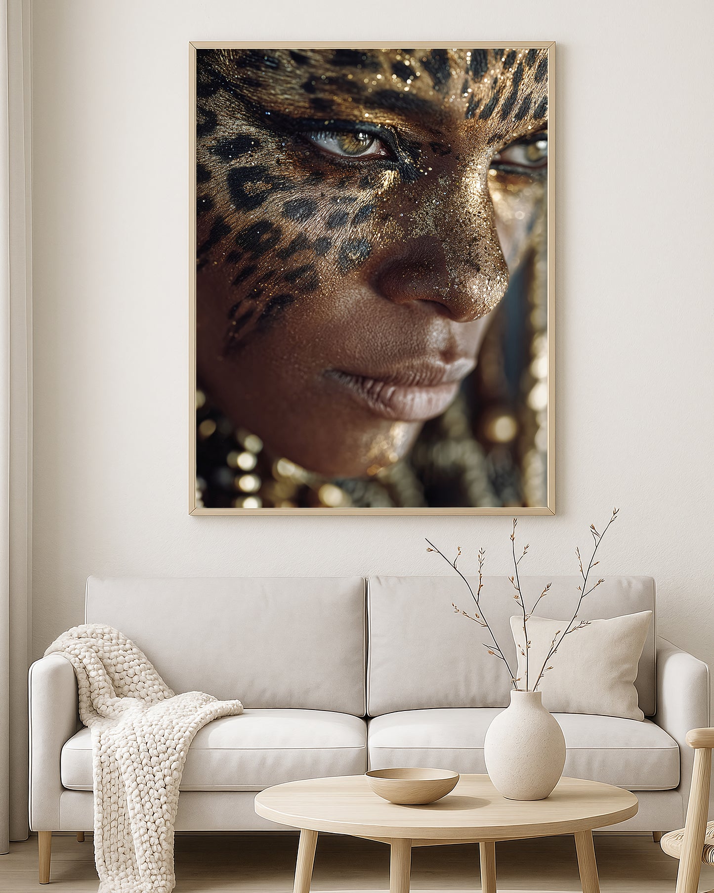Luxury beauty wall art with a close-up woman portrait, gold glitter detailing, leopard-like patterning, and rich bronze skin tones
