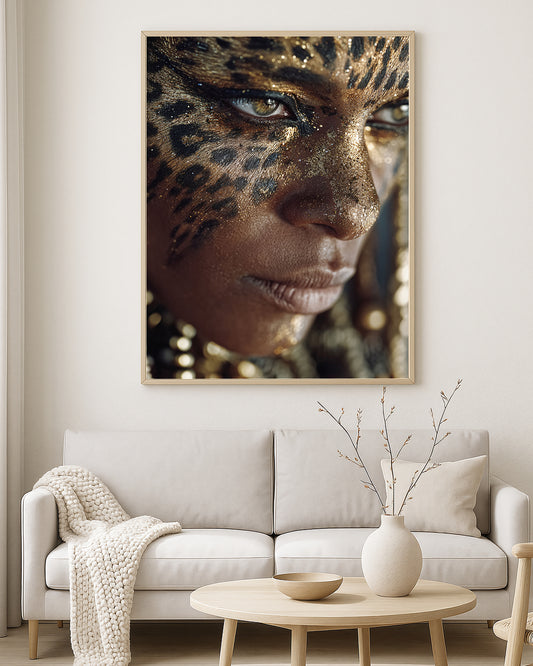 Luxury beauty wall art with a close-up woman portrait, gold glitter detailing, leopard-like patterning, and rich bronze skin tones