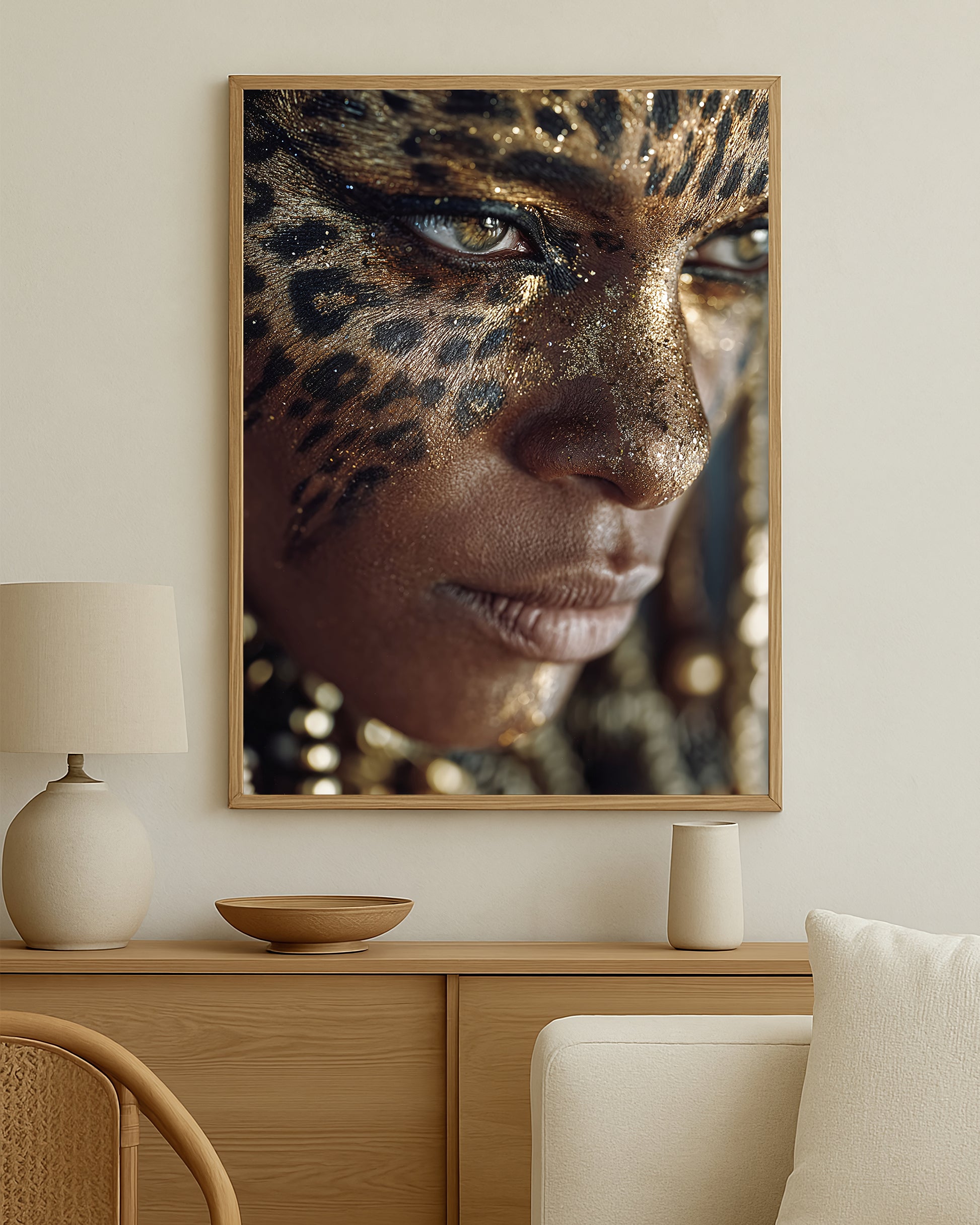 Editorial portrait print showing a woman’s face with gold shimmer, black leopard spots, and a powerful close-up gaze