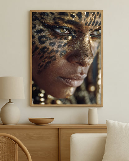Editorial portrait print showing a woman’s face with gold shimmer, black leopard spots, and a powerful close-up gaze