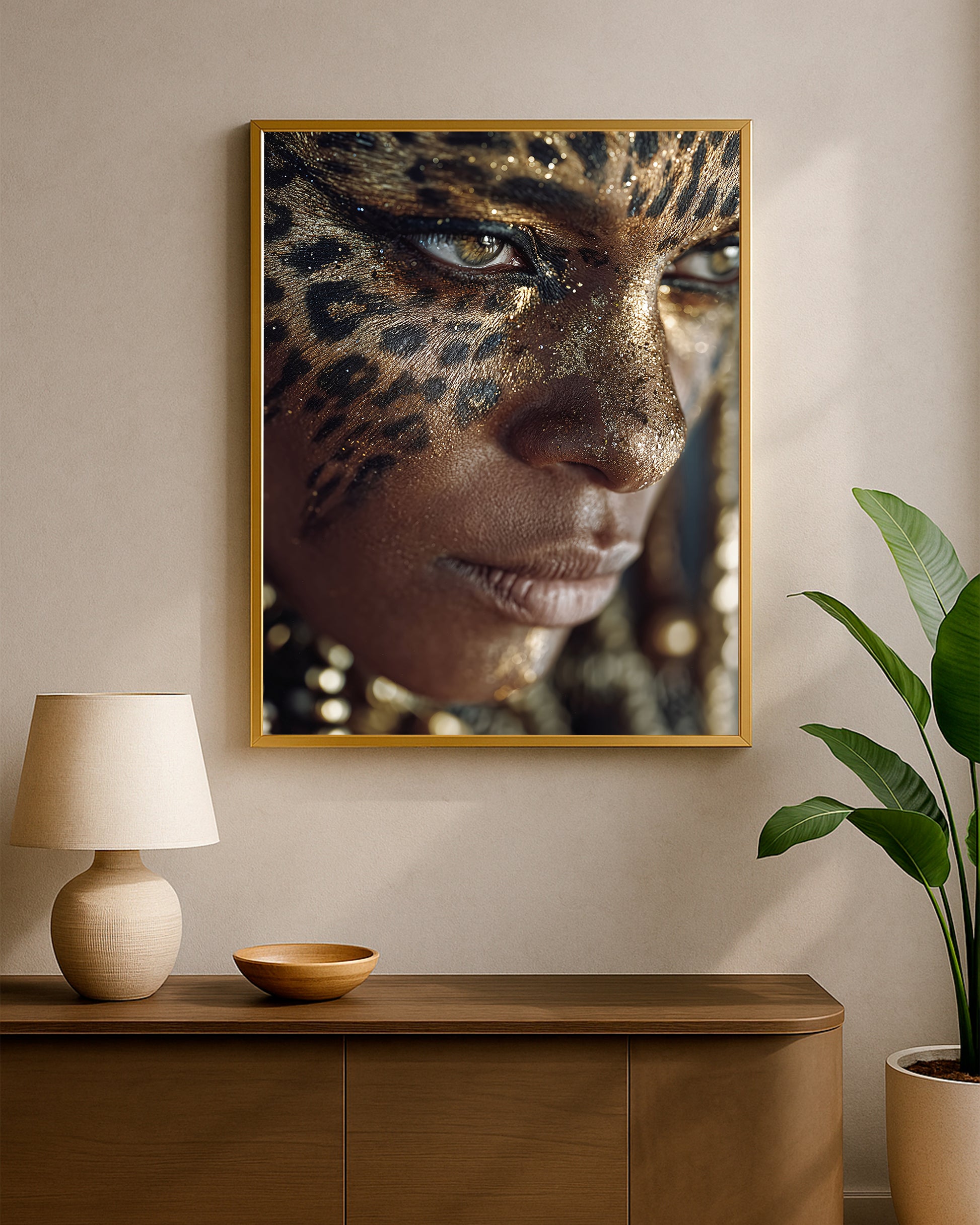 Contemporary glam wall art featuring metallic animal print makeup, glossy skin texture, and bold close-up portrait composition