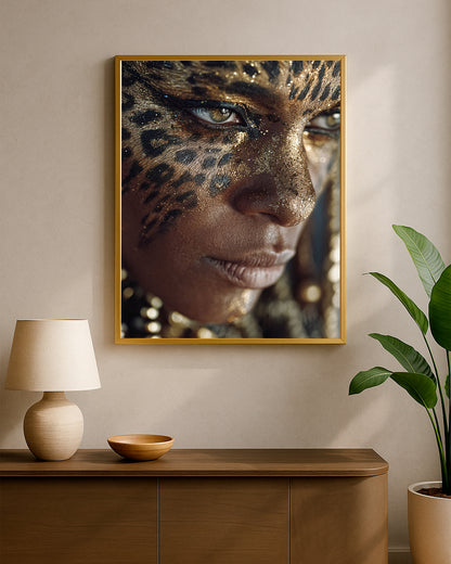 Contemporary glam wall art featuring metallic animal print makeup, glossy skin texture, and bold close-up portrait composition