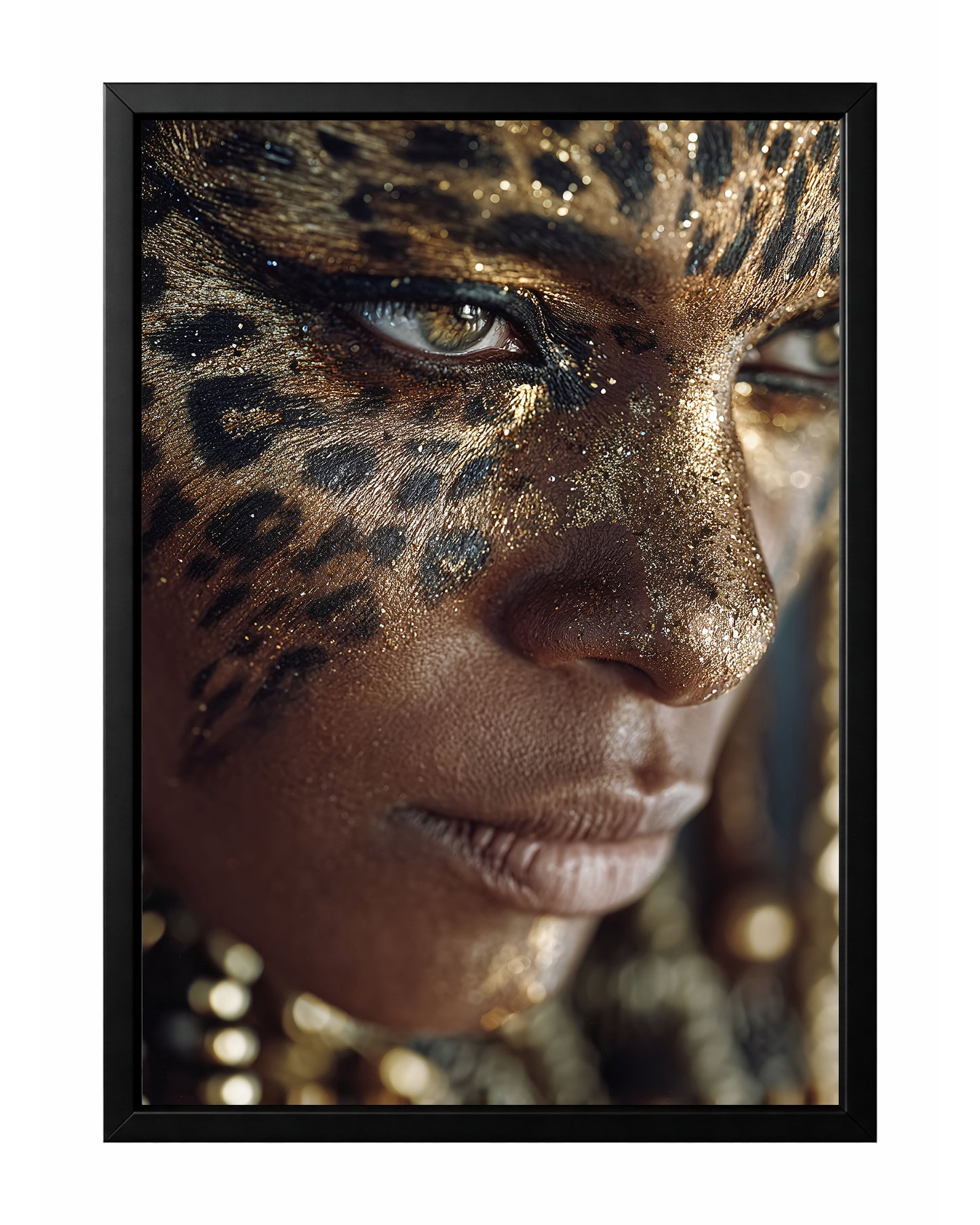 Gold leopard close up portrait wall art featuring shimmering animal-inspired face makeup, intense eyes, and dramatic beauty styling