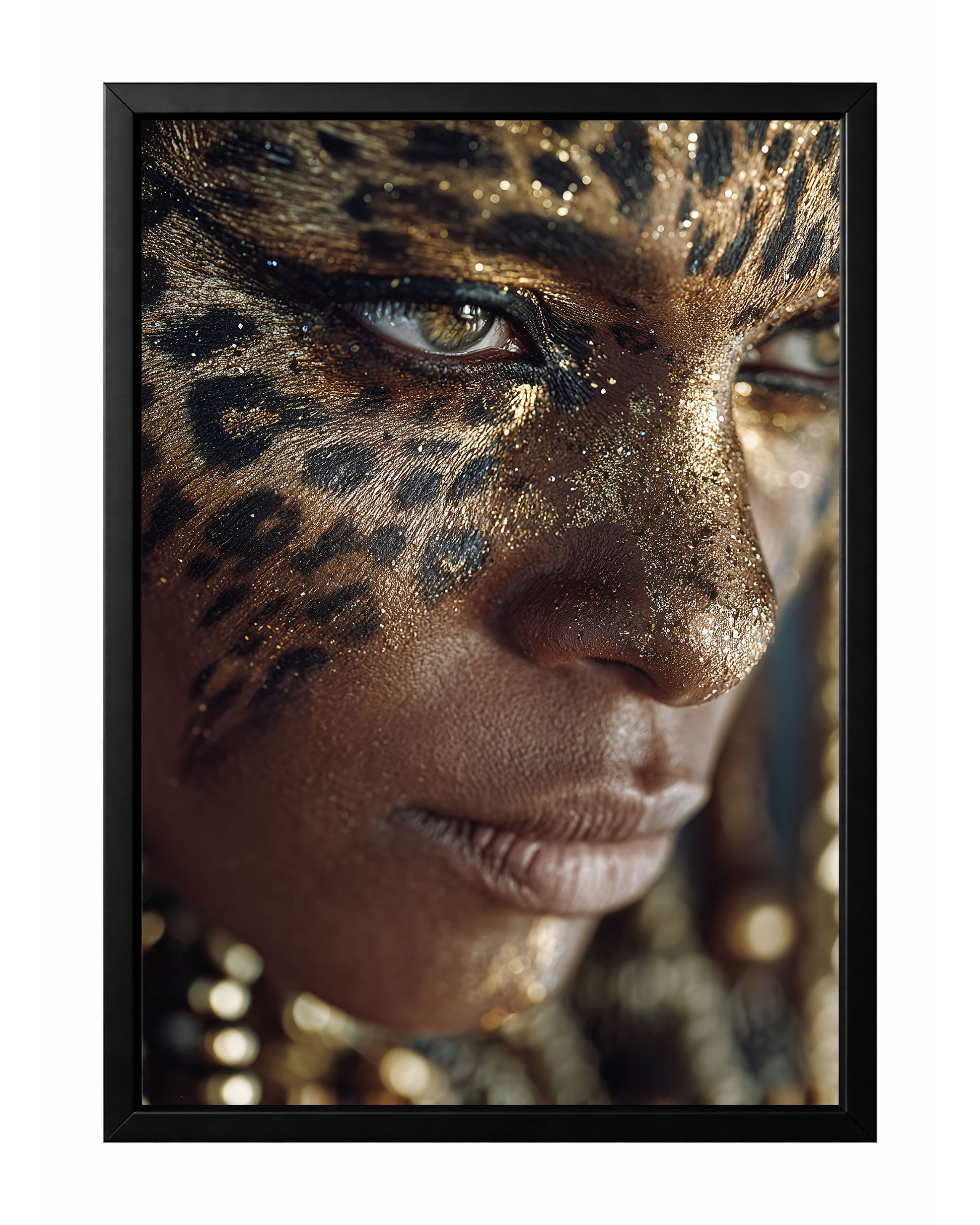 Gold leopard close up portrait wall art featuring shimmering animal-inspired face makeup, intense eyes, and dramatic beauty styling