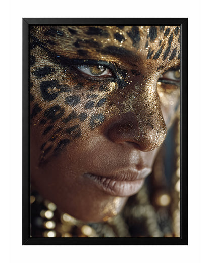 Gold leopard close up portrait wall art featuring shimmering animal-inspired face makeup, intense eyes, and dramatic beauty styling