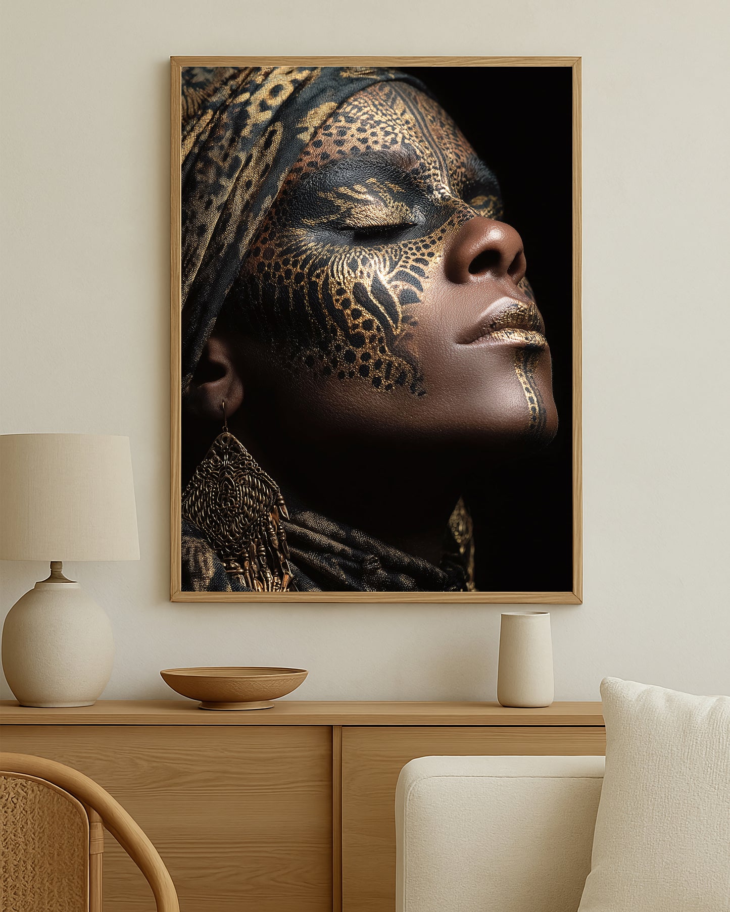 Luxury wall art print with a side-profile woman, patterned headwrap, metallic lips, and bold editorial beauty styling