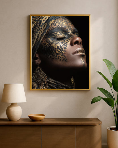 Contemporary glam portrait featuring black and gold leopard face paint, ornate earrings, and a dark dramatic background