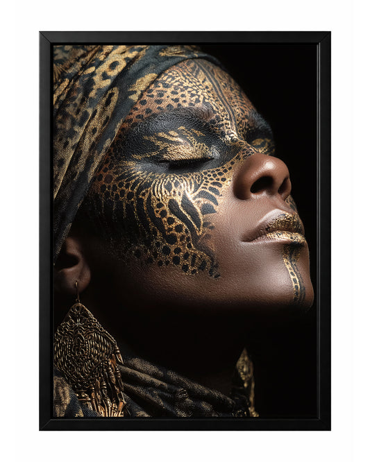 Gold leopard profile portrait wall art featuring intricate animal-inspired face paint, metallic lips, and a dramatic side-profile pose