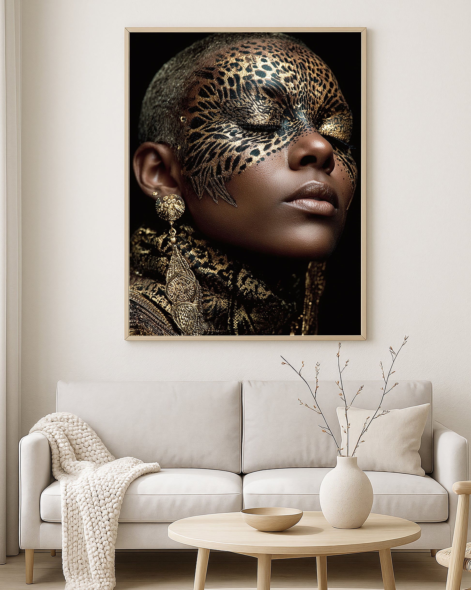 Bold beauty portrait artwork showing a woman with leopard-inspired metallic face makeup, ornate gold earrings, and dramatic editorial styling