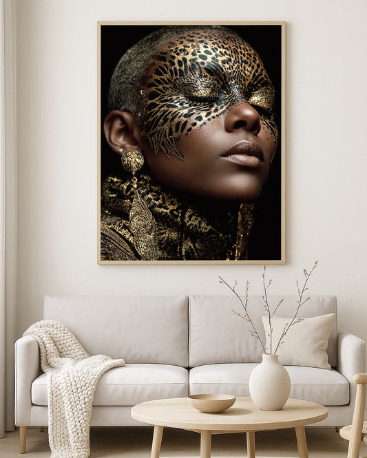 Bold beauty portrait artwork showing a woman with leopard-inspired metallic face makeup, ornate gold earrings, and dramatic editorial styling