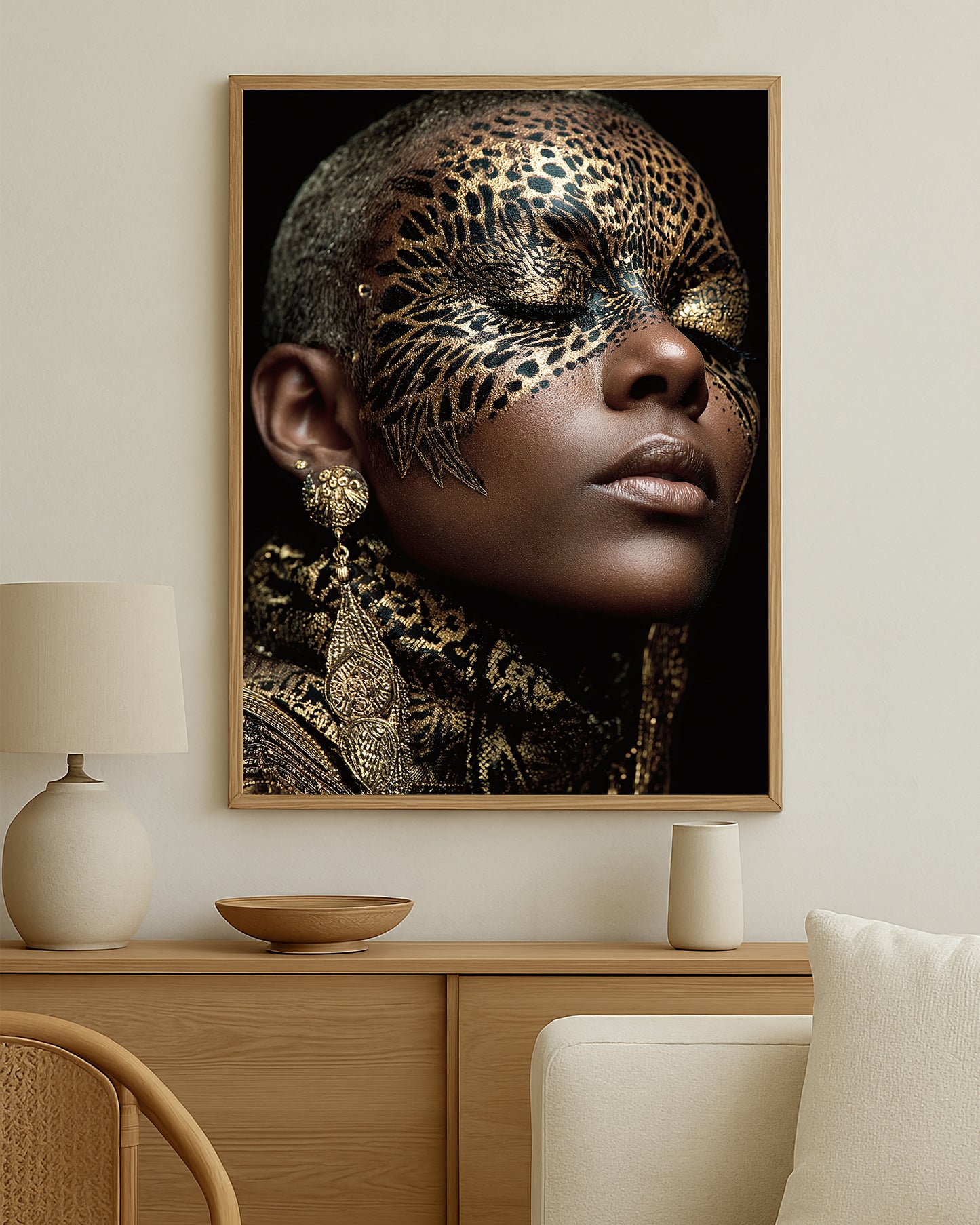Luxury glam wall art with a close-up female portrait, mask-like animal print detailing, and rich black background contrast
