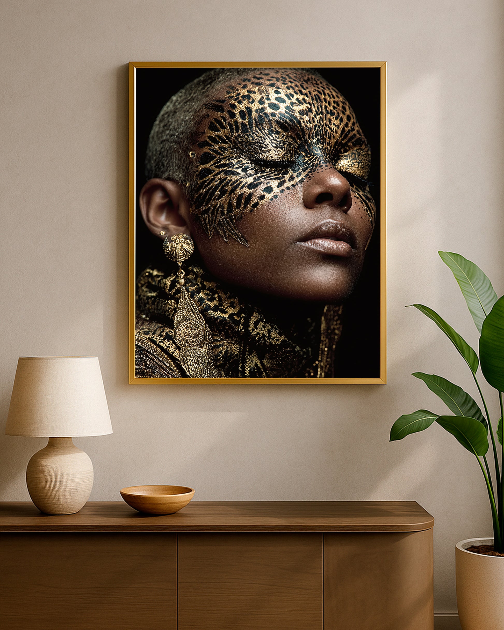 Fashion wall art print with a woman wearing elaborate leopard-style facial patterning, metallic accents, and elegant dark glamour