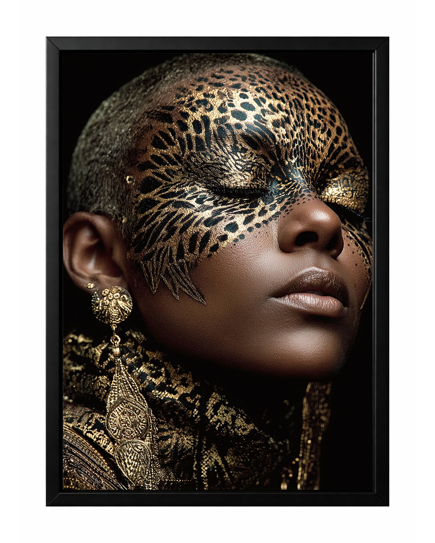 Gold leopard mask portrait wall art featuring a shaved-head woman with intricate black and gold facial patterning across the eyes